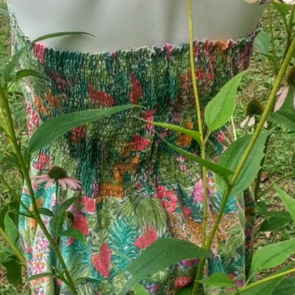 Vintage jungle print A-line halter dress greenpink *HP* - Picture 5 of 8